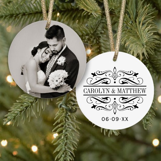 Elegant Black Flourish Wedding Photo Monogram Ornament