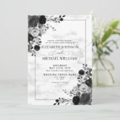Elegant Black Flowers Waterverf Marmer Wedding Kaart (Staand voorkant)