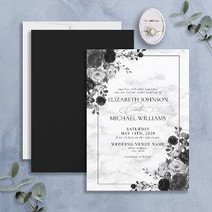 Elegant Black Flowers Waterverf Marmer Wedding Kaart