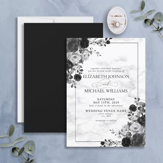 Elegant Black Flowers Waterverf Marmer Wedding Kaart