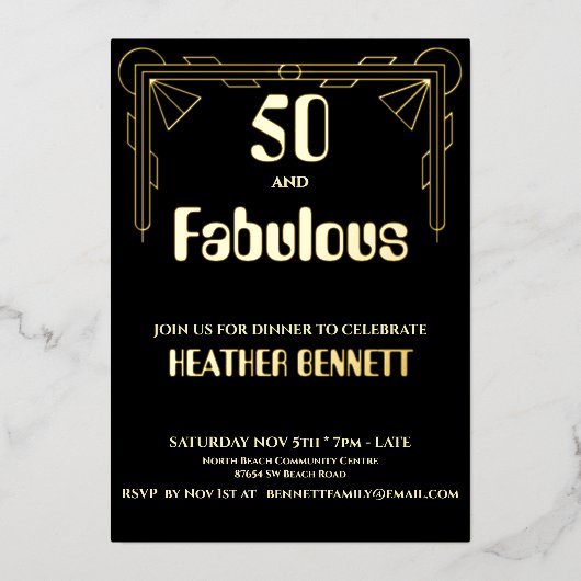 Elegant Black Foil Art Deco 50 Fabulous Birthday Folie Uitnodiging (Voorkant)