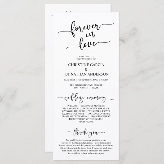 Elegant Black, Forever in Love, Wedding Ceremony Programmakaart (Voorkant / Achterkant)