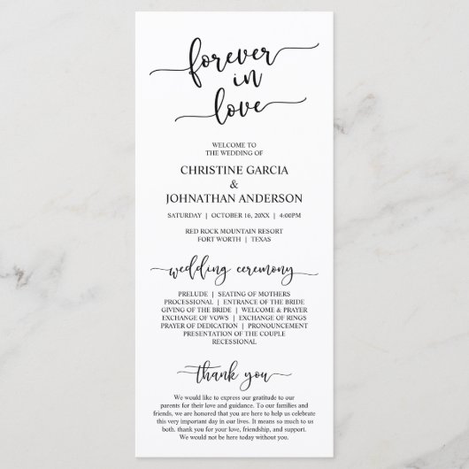 Elegant Black, Forever in Love, Wedding Ceremony Programmakaart (Voorkant)