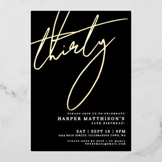 Elegant Black Forty 30th Birthday Gold Folie Uitnodiging (Voorkant)