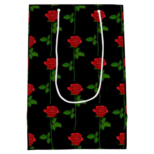 Elegant Black Gift Bag with Hand-Drawn Red Roses Medium Cadeauzakje (Achterkant)