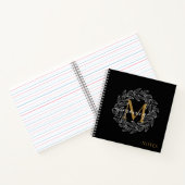 Elegant Black Girly Floral Gold Monogram Naam Notitieboek (Binnen)
