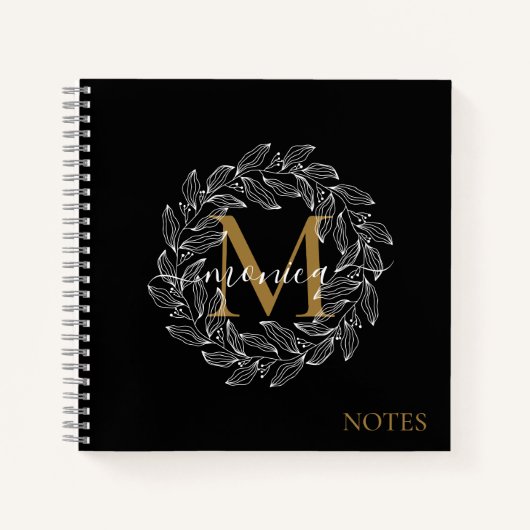 Elegant Black Girly Floral Gold Monogram Naam Notitieboek (Voorkant)