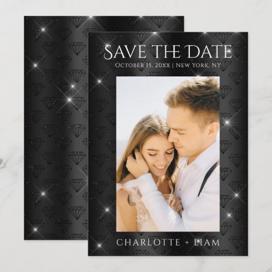 Elegant Black Glitter Diamond Photo Save Date Save The Date (Voorkant / Achterkant)