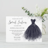 Elegant  Black Glitter Gown Sweet 16 Party Kaart (Staand voorkant)