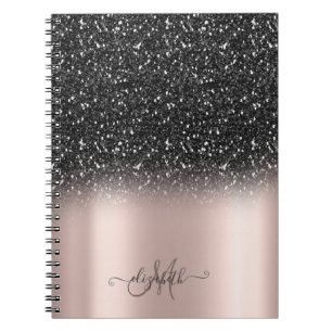 Elegant Black Glitter Ombre Monogram Roos Gold Notitieboek