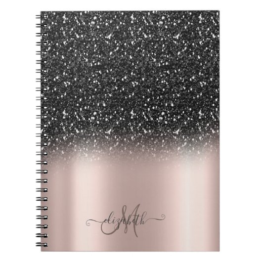 Elegant Black Glitter Ombre Monogram Roos Gold Notitieboek (Voorkant)