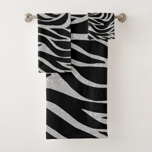 Elegant Black Glitter Silver Zebra Animal Print Bad Handdoek (Insitu)