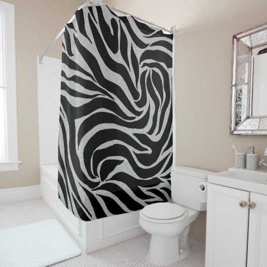 Elegant Black Glitter Silver Zebra Animal Print Douchegordijn (In situ)