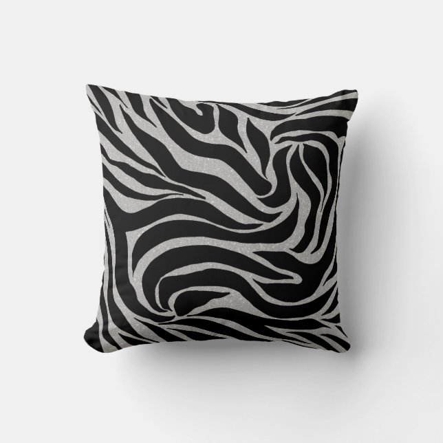 Elegant Black Glitter Silver Zebra Animal Print Kussen (Voorkant)