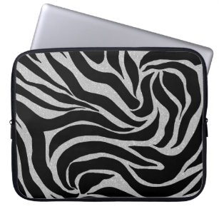 Elegant Black Glitter Silver Zebra Animal Print Laptop Sleeve
