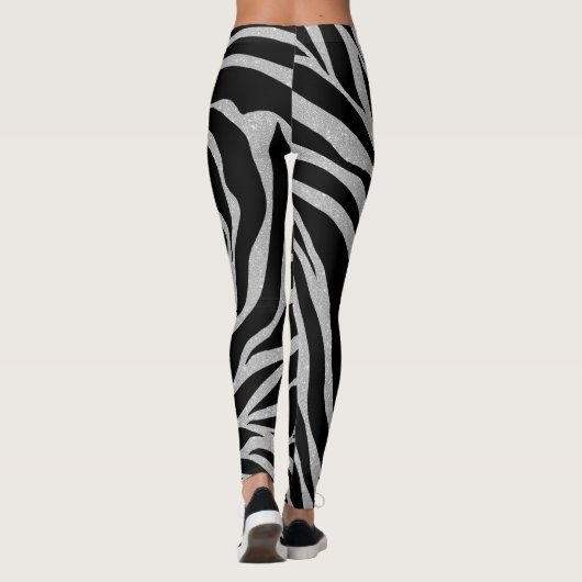 Elegant Black Glitter Silver Zebra Animal Print Leggings (Achterkant)
