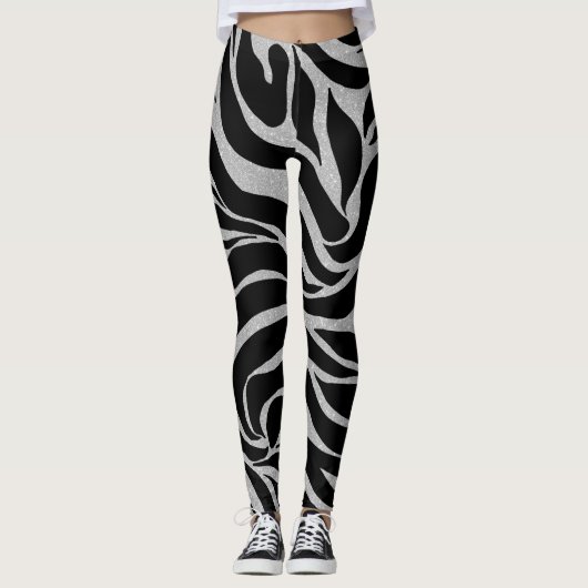 Elegant Black Glitter Silver Zebra Animal Print Leggings (Voorkant)