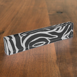Elegant Black Glitter Silver Zebra Animal Print Naambordje