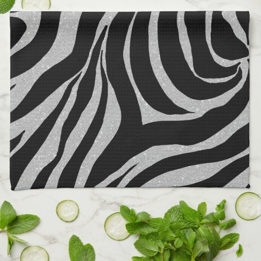 Elegant Black Glitter Silver Zebra Animal Print Theedoek (Gevouwen)