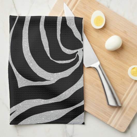 Elegant Black Glitter Silver Zebra Animal Print Theedoek (Quarter Fold)