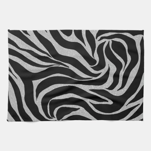Elegant Black Glitter Silver Zebra Animal Print Theedoek (Horizontaal)