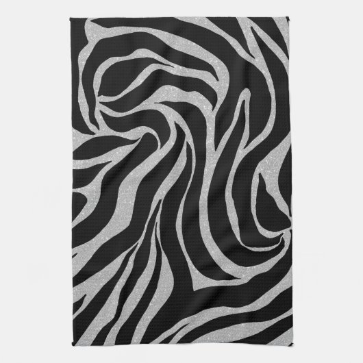 Elegant Black Glitter Silver Zebra Animal Print Theedoek (Verticaal)