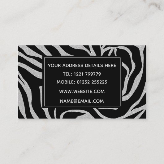Elegant Black Glitter Silver Zebra Animal Print Visitekaartje (Achterkant)