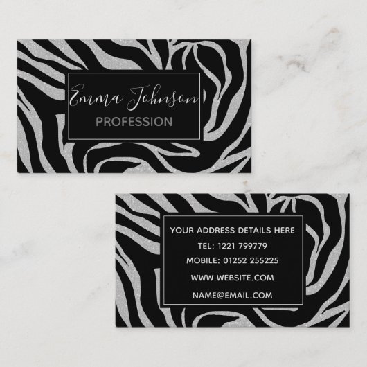 Elegant Black Glitter Silver Zebra Animal Print Visitekaartje (Voorkant / Achterkant)