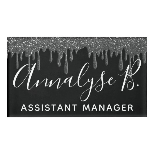 Elegant Black Glitter Sparkly Name Professional Naambadge (Voorkant)
