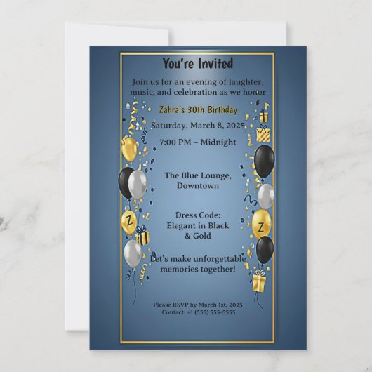 Elegant Black Gold 30th Birthday Party Invitation Kaart (Voorkant)