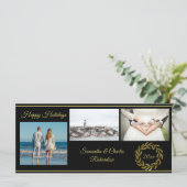 Elegant Black Gold 3 Photo Holiday Kaart (Staand voorkant)