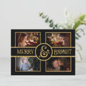 Elegant Black & Gold 4 Foto 2-zijdig kerstfeest Feestdagenkaart (Staand voorkant)