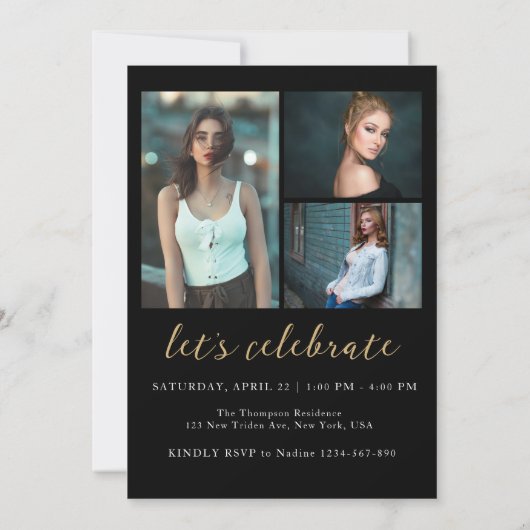 Elegant Black Gold 4 Photo Graduparty Kaart (Achterkant)