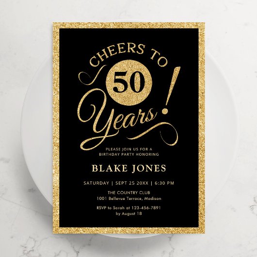 Elegant Black Gold 50th Birthday Kaart