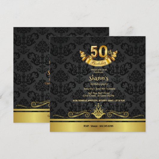 Elegant Black & Gold 50th Birthday Party Invitatio Kaart (Voorkant / Achterkant)