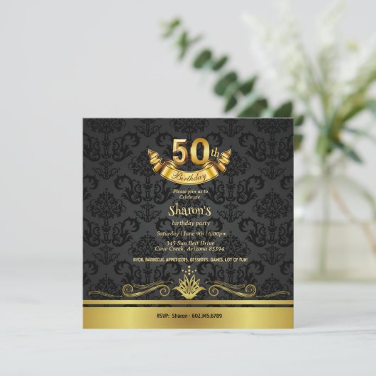 Elegant Black & Gold 50th Birthday Party Invitatio Kaart (Staand voorkant)