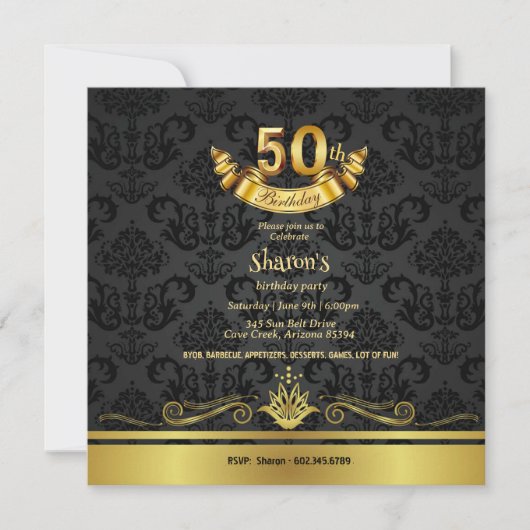 Elegant Black & Gold 50th Birthday Party Invitatio Kaart (Voorkant)