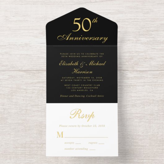 Elegant Black Gold 50th Wedding Jubileum All In One Uitnodiging (Binnenkant)