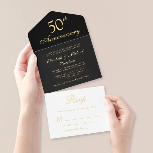Elegant Black Gold 50th Wedding Jubileum All In One Uitnodiging