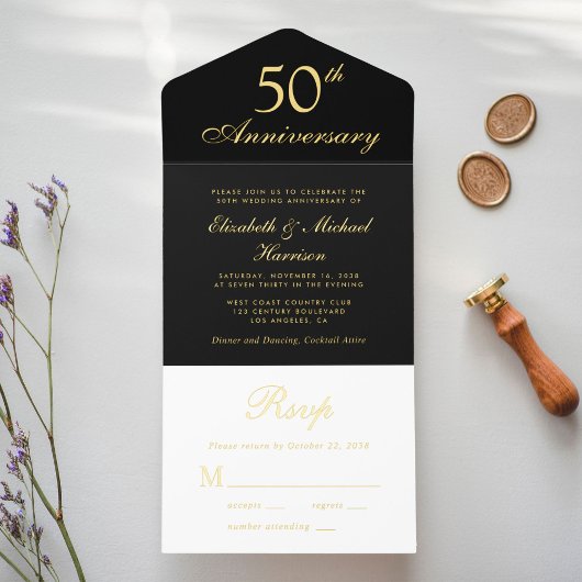 Elegant Black Gold 50th Wedding Jubileum All In One Uitnodiging