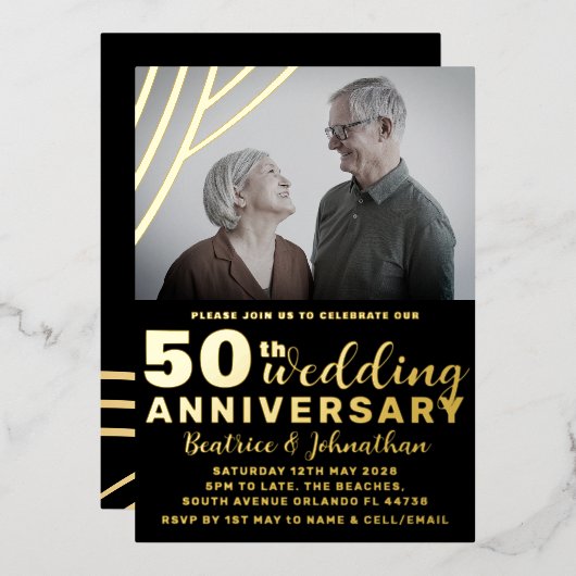 Elegant Black & Gold 50th Wedding Jubileum Folie Uitnodiging (Voorkant / Achterkant)