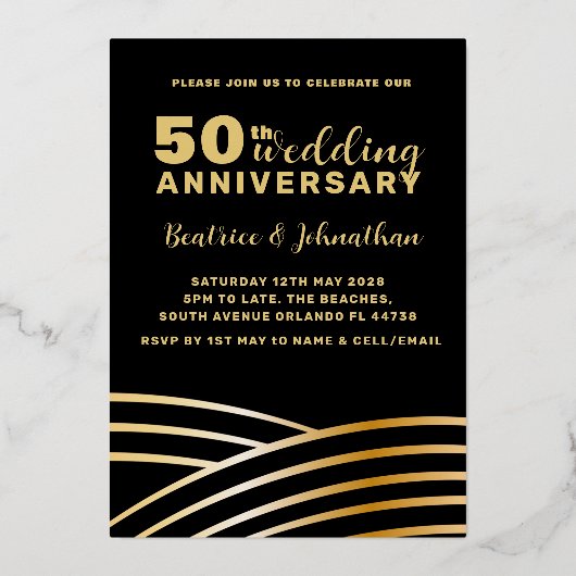Elegant Black & Gold 50th Wedding Jubileum Folie Uitnodiging (Achterkant)