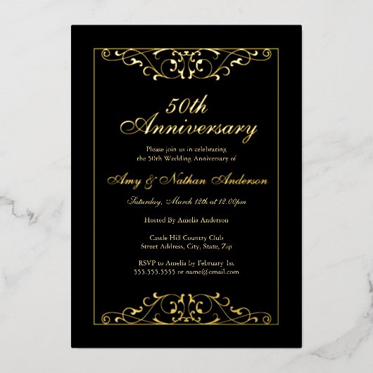 Elegant Black Gold 50th Wedding Jubileum Folie Uitnodiging (Voorkant)