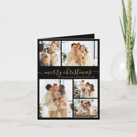 Elegant Black Gold 5 Photo Collage Christmas  Feestdagen Kaart (Voorkant)
