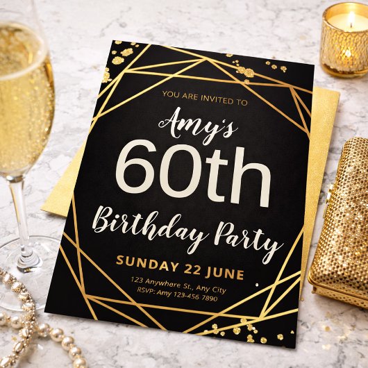 Elegant Black & Gold 60th Birthday Party Kaart