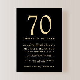 Elegant Black Gold 70th Birthday Party Kaart