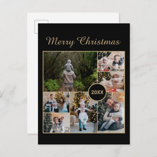 Elegant Black & Gold 7 Photo Collage Kerstmis Briefkaart (Voorkant / Achterkant)