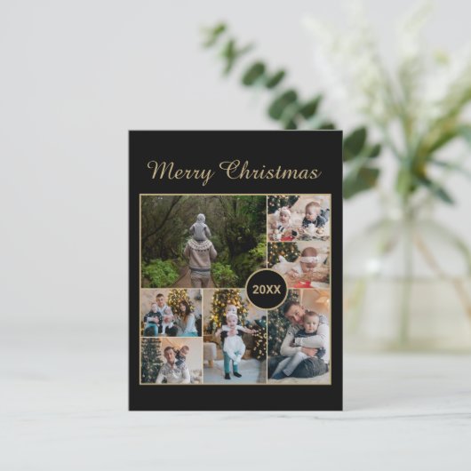 Elegant Black & Gold 7 Photo Collage Kerstmis Briefkaart (Staand voorkant)