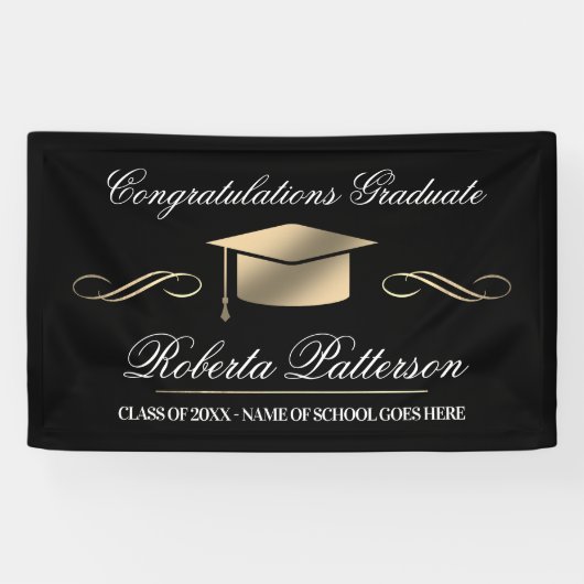 Elegant Black|Gold Afstuderen Spandoek (Horizontaal)