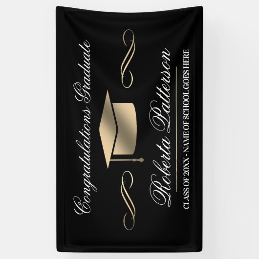 Elegant Black|Gold Afstuderen Spandoek (Verticaal)